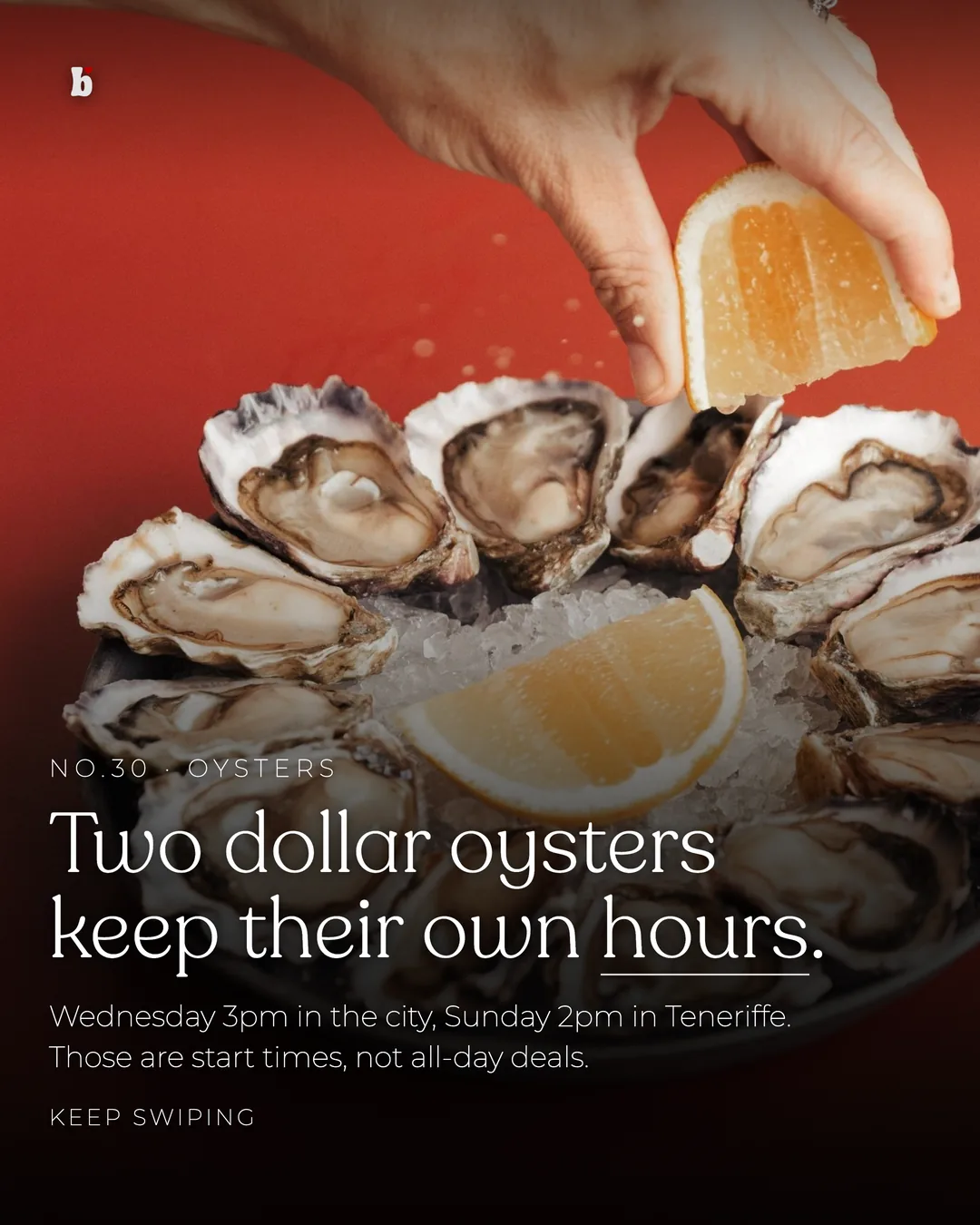 Two dollar oysters keep their own hours, a hand squeezing lemon over a plate of shucked oysters