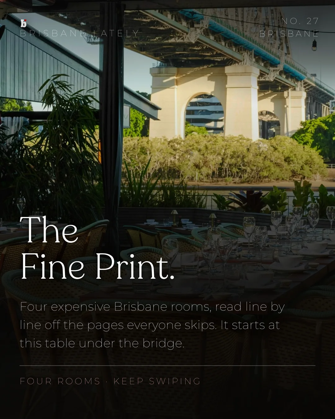 The Fine Print, a set table under the Story Bridge